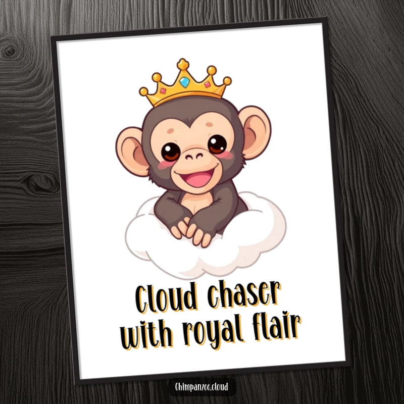 Funny Free Printable Wall Art: An adorable chimp wearing a tiny crown rides a fluffy cloud, exuding regal humor. Great downloadable decor.