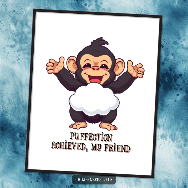 Funny Free Printable Wall Art: A delighted chimpanzee offers a soft, fluffy cloud puff with a joyful expression.