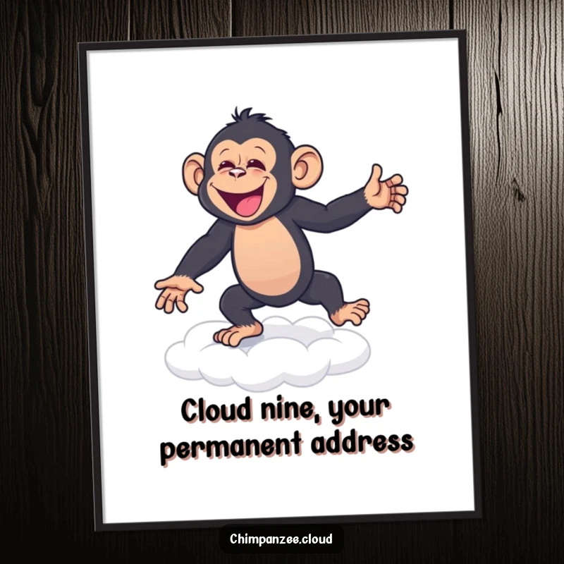 Funny Free Printable Wall Art: A joyful chimpanzee performing an energetic happy dance on a fluffy white cloud, exuding pure delight.