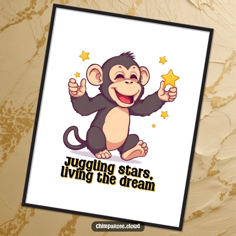 Funny Free Printable Wall Art: A chimpanzee juggling sparkling stars, creating a dazzling and whimsical visual.