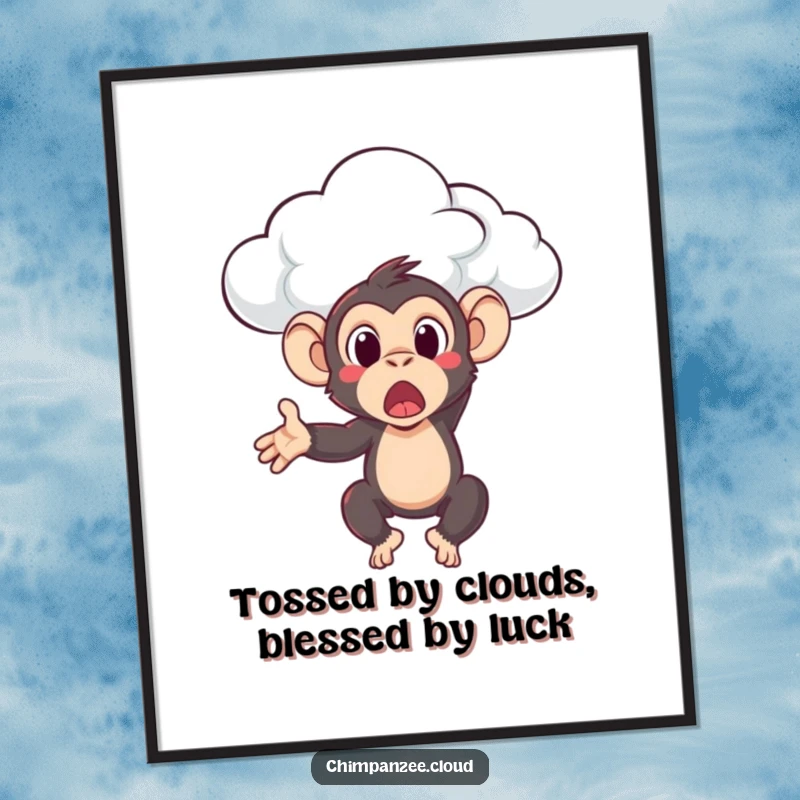 Funny Free Printable Wall Art: A chimpanzee comically surprised by a cloud lifting it, perfect for quirky charm.