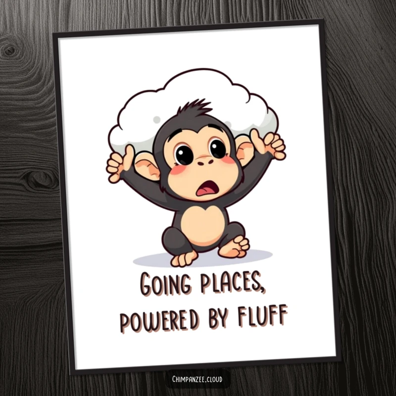 Funny Free Printable Wall Art: A chimpanzee looks comically surprised as a fluffy cloud gives it a gentle, guiding push.