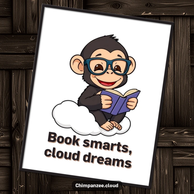 Funny free printable wall art of a chimpanzee in glasses happily reading a book while sitting on a cloud.
