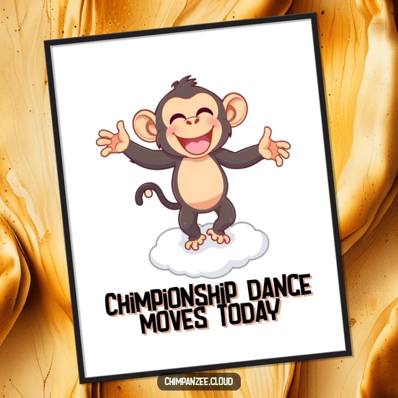 Funny Free Printable Wall Art: A chimpanzee performs a delightful happy dance on a cloud, full of infectious joy.