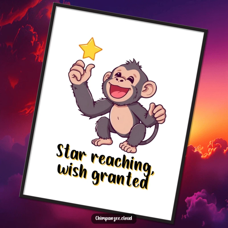 Funny Free Printable Wall Art: A happy chimp stretches out its hand towards a bright, twinkling star in the night sky.