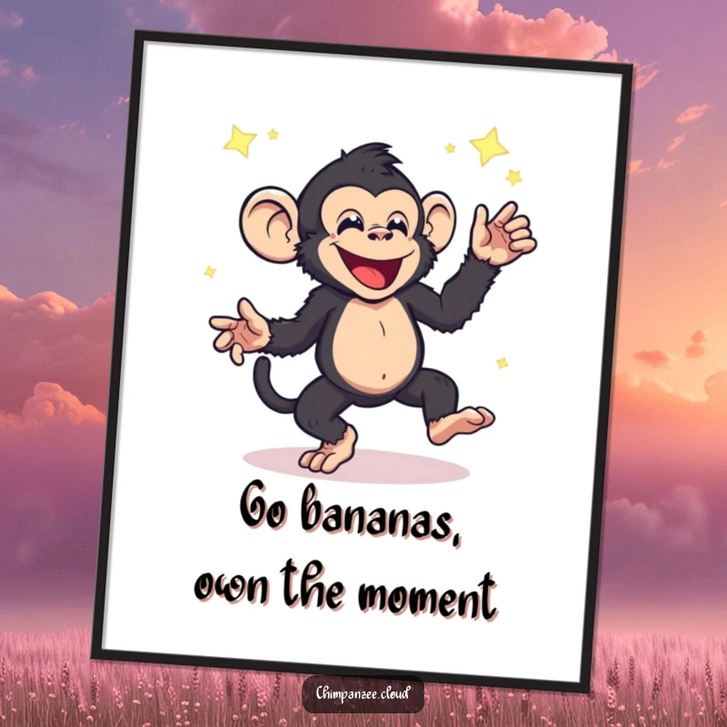 Funny Free Printable Wall Art: An energetic chimpanzee in mid-dance, surrounded by whimsical, floating star dust.