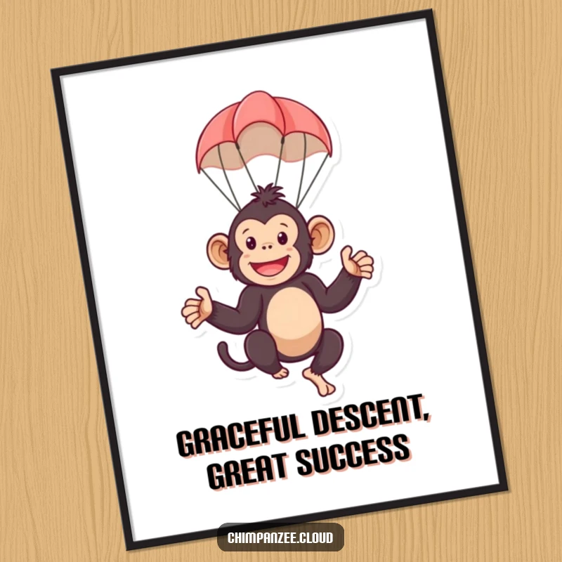 Funny Free Printable Wall Art of a playful chimpanzee character gracefully descending using a tiny, colorful parachute.