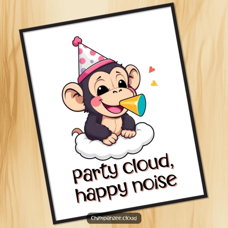 Funny Free Printable Wall Art: Cheerful chimpanzee wearing a party hat, blowing a noisemaker while on a cloud. Party decor.