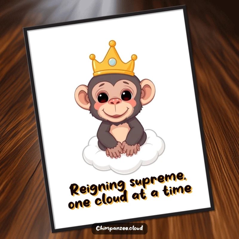 Funny Free Printable Wall Art: Chimpanzee wearing a small crown floats majestically on a cloud, a king of the skies.