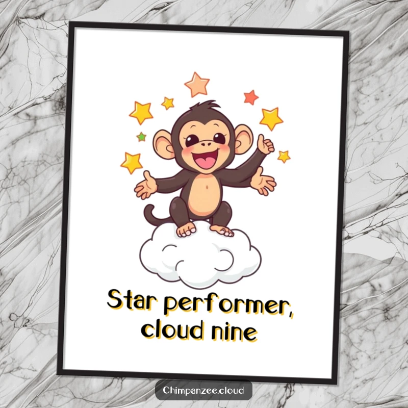 Funny free printable wall art depicting an adorable chimpanzee skillfully juggling colorful stars high above a soft cloud.