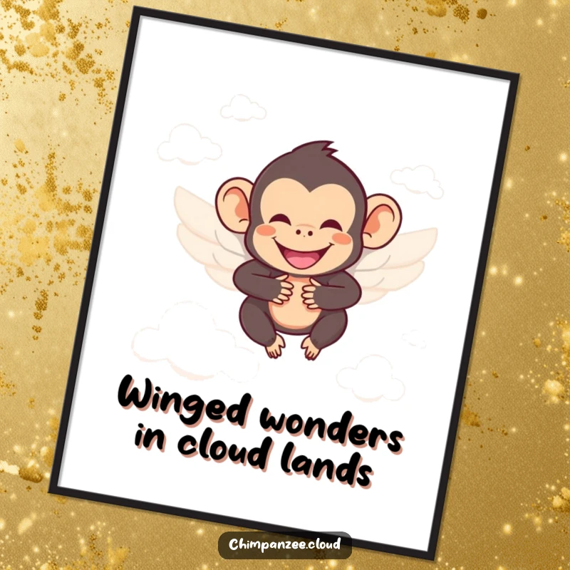 Funny Free Printable Wall Art: Smiling chimp with tiny wings soars joyfully between fluffy clouds, adding wonder.