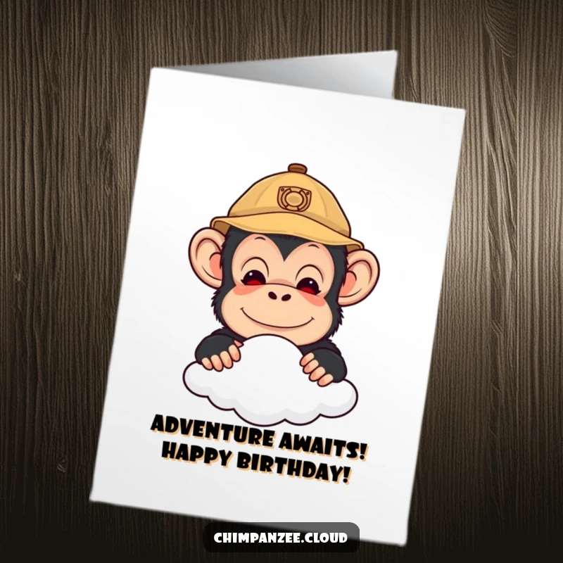 Funny Free Printable Birthday Card: Cute chimpanzee in explorer hat peeking over a cloud, ready for adventure.