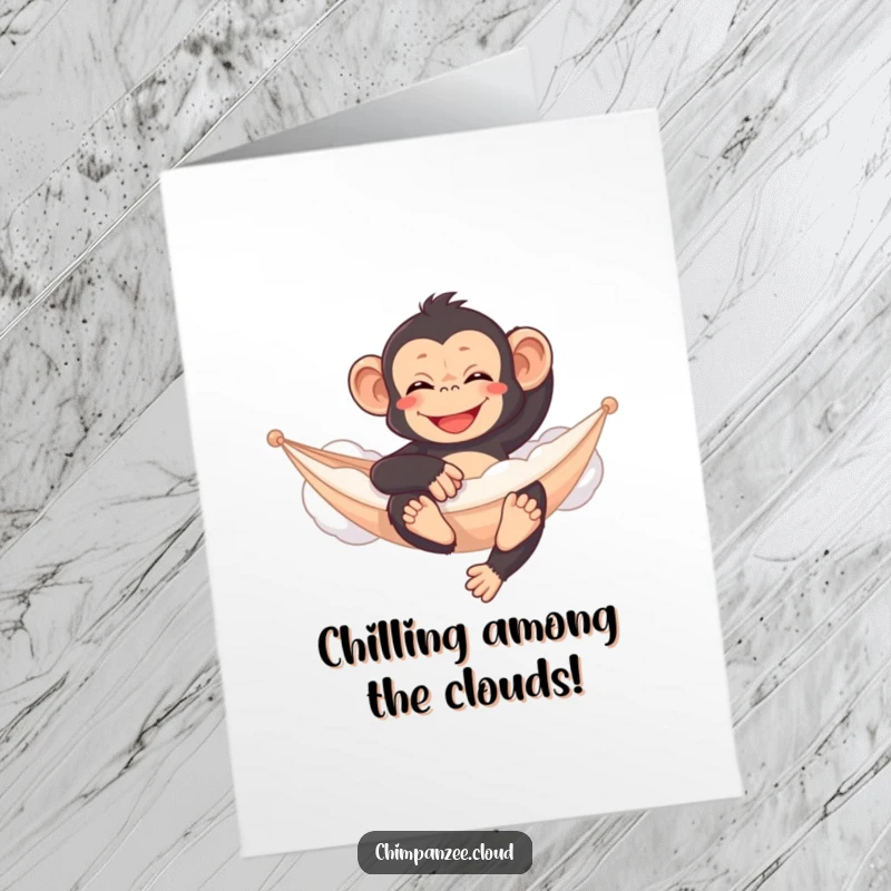 Funny Free Printable Birthday Card: A content chimpanzee relaxing peacefully on a fluffy cloud hammock, looking serene.