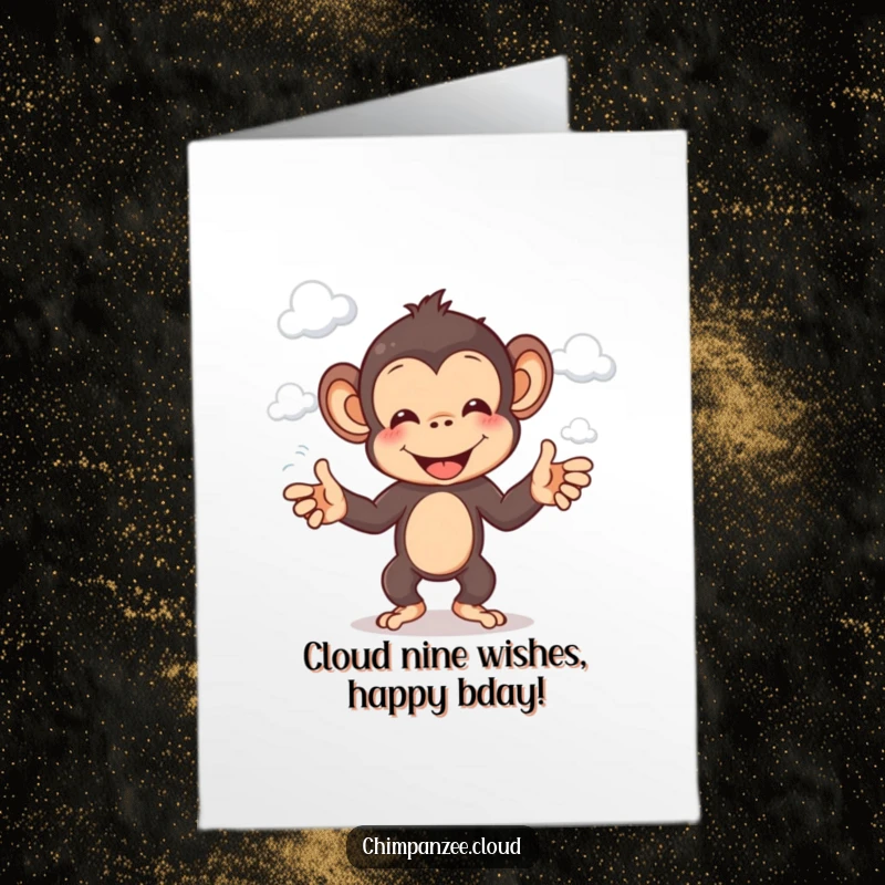 Funny Free Printable Birthday Card featuring a cheerful chimpanzee character skillfully juggling fluffy white clouds.