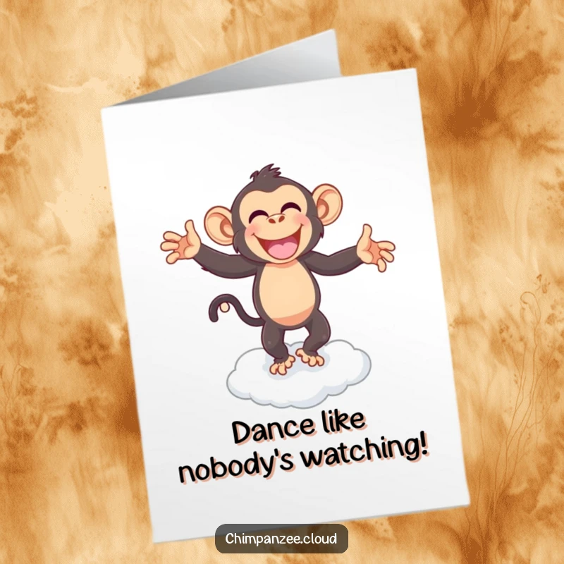 Funny Free Printable Birthday Card: A jubilant chimpanzee dances ecstatically on a cloud, spreading birthday cheer.