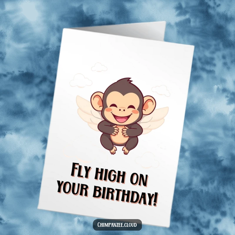 Funny Free Printable Birthday Card: Smiling chimp with wings soars between clouds, delivering happy birthday wishes.