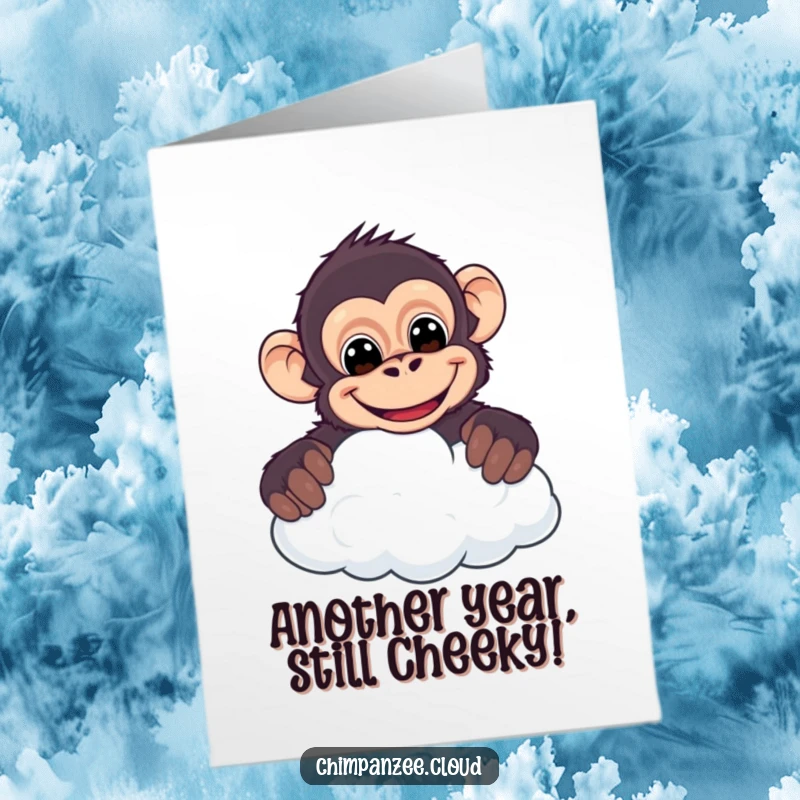 Funny Free Printable Birthday Card: Cheeky chimpanzee with a mischievous grin peeking over a fluffy white cloud.