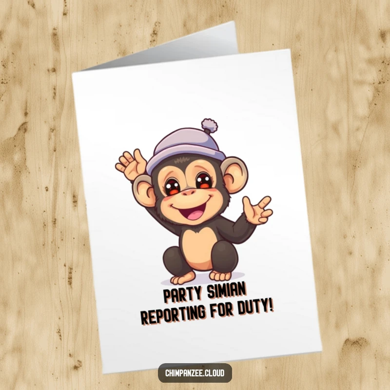 Funny Free Printable Birthday Card: a cheerful chimpanzee wearing a small, jaunty hat waves hello, a charming DIY gift.