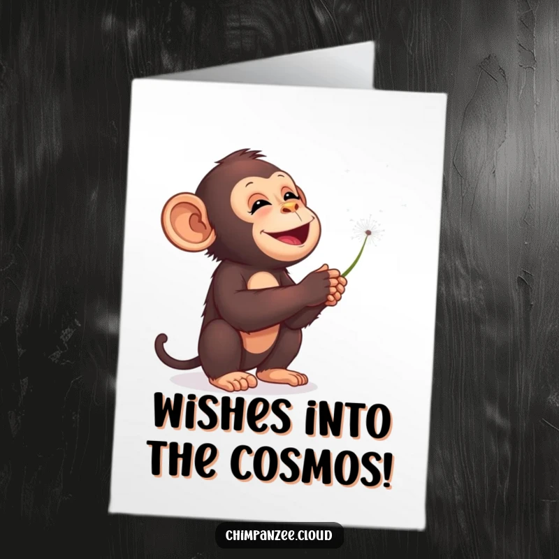 Funny Free Printable Birthday Card: Delighted chimpanzee blowing dandelion seeds into a starry night sky, making wishes.