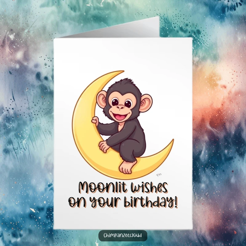 Funny Free Printable Birthday Card featuring a cute chimpanzee character joyfully riding a crescent moon in the night sky.
