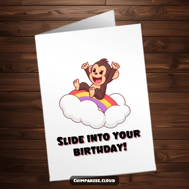 Funny Free Printable Birthday Card: An excited chimpanzee joyfully slides down a vibrant rainbow, landing on a fluffy white cloud.