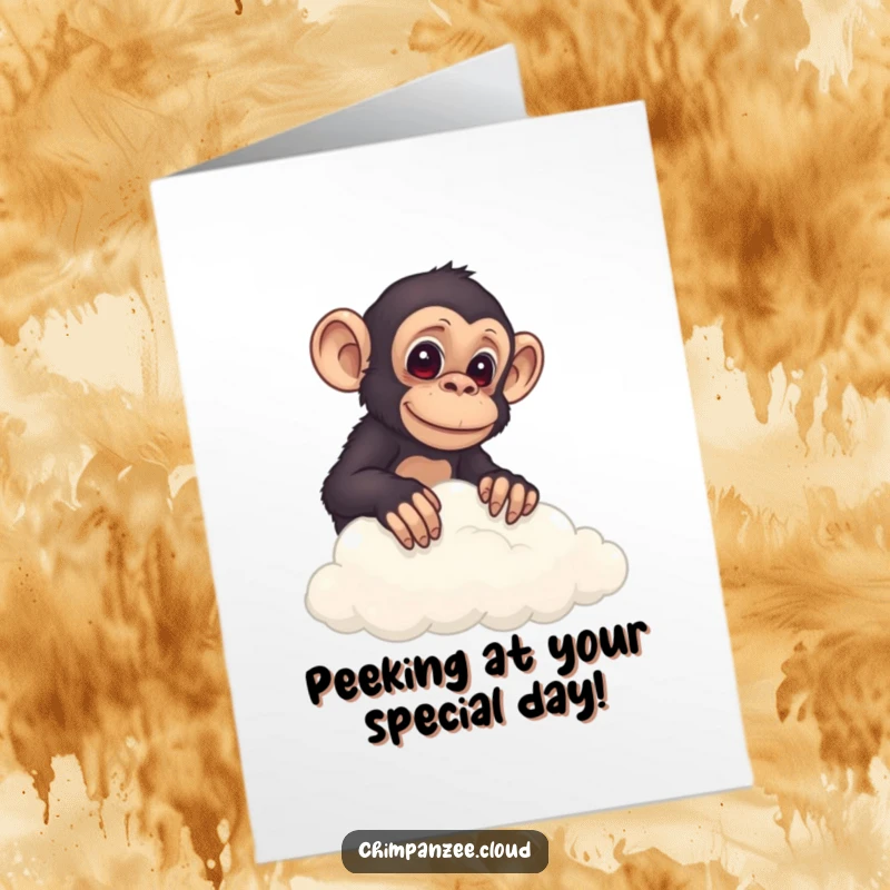 Funny Free Printable Birthday Card: A curious chimp peeks over a cloud edge, wondering if you're ready to celebrate.