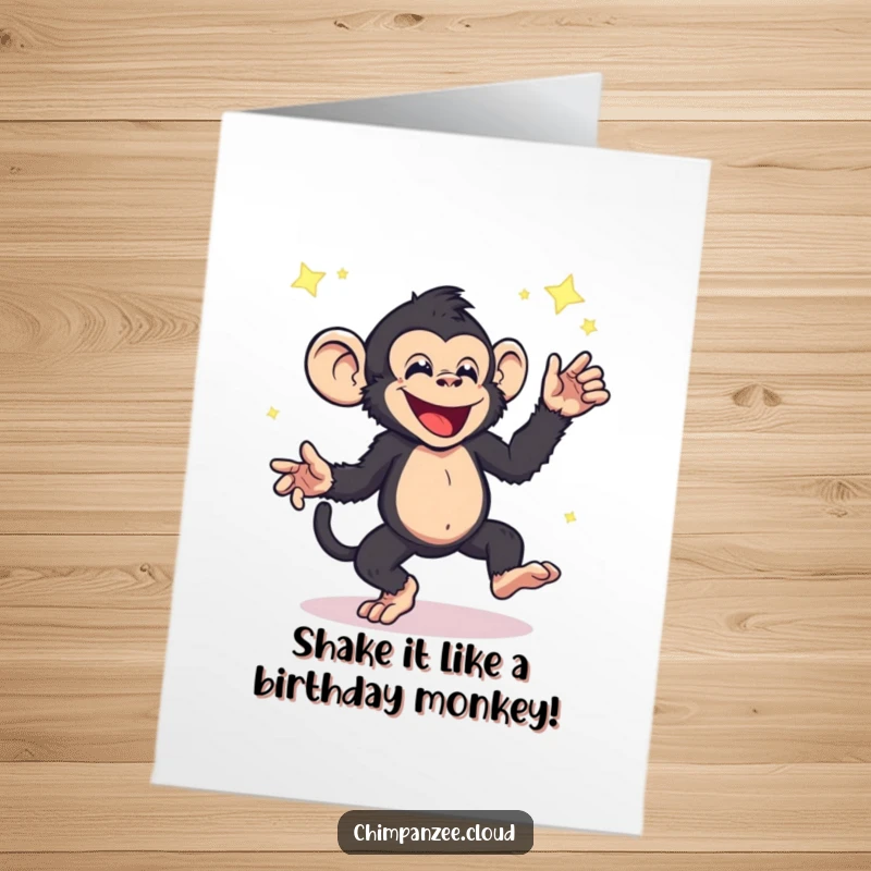 Funny Free Printable Birthday Card: Energetic chimpanzee dancing joyfully amidst swirling, magical star dust.