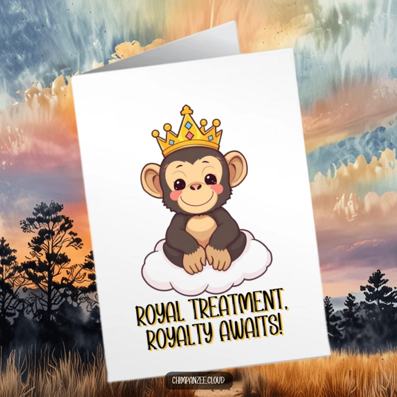 Funny free printable birthday card featuring a cute chimpanzee king wearing a tiny crown ruling from a fluffy cloud throne.