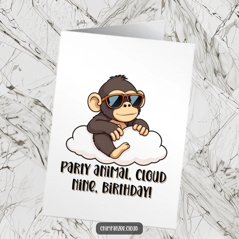 Funny Free Printable Birthday Card: Curious chimp in sunglasses lounging on a cloud, ready for a chill celebration.