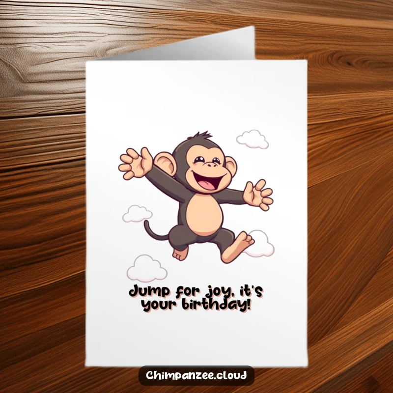 Funny Free Printable Birthday Card: A chimpanzee character joyfully leaping between clouds, full of birthday excitement.