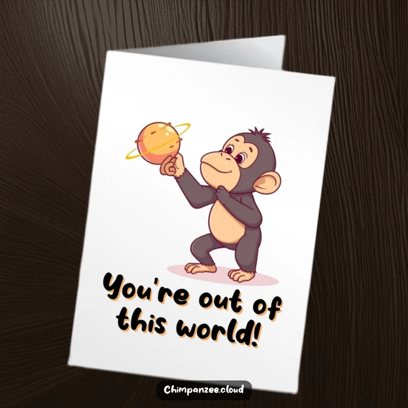 Funny Free Printable Birthday Card: Mischievous chimpanzee tickling a passing comet with a playful grin, space background.