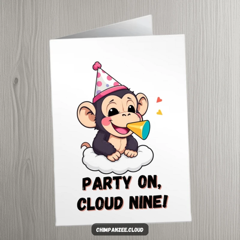 Funny Free Printable Birthday Card: Cheerful chimpanzee in a party hat blowing a noisemaker on a cloud. Birthday party graphic.