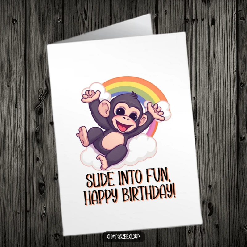 Funny Free Printable Birthday Card: A playful chimp joyfully slides down a vibrant rainbow cloud, celebrating your special day.