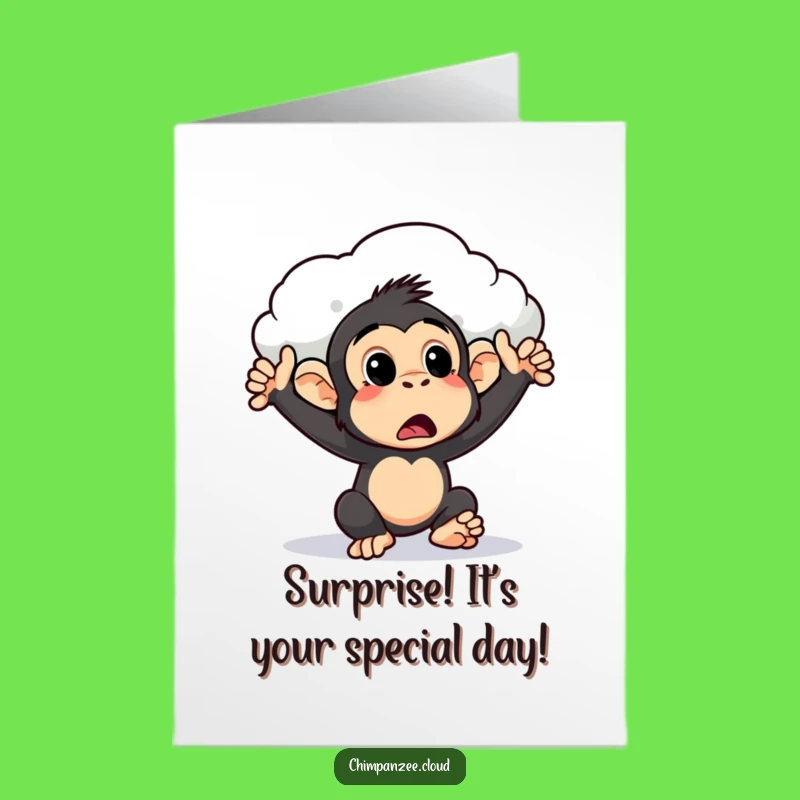 Free Printable Birthday Card: Surprised Chimpanzee Cloud Push, Funny Downloadable Gift!