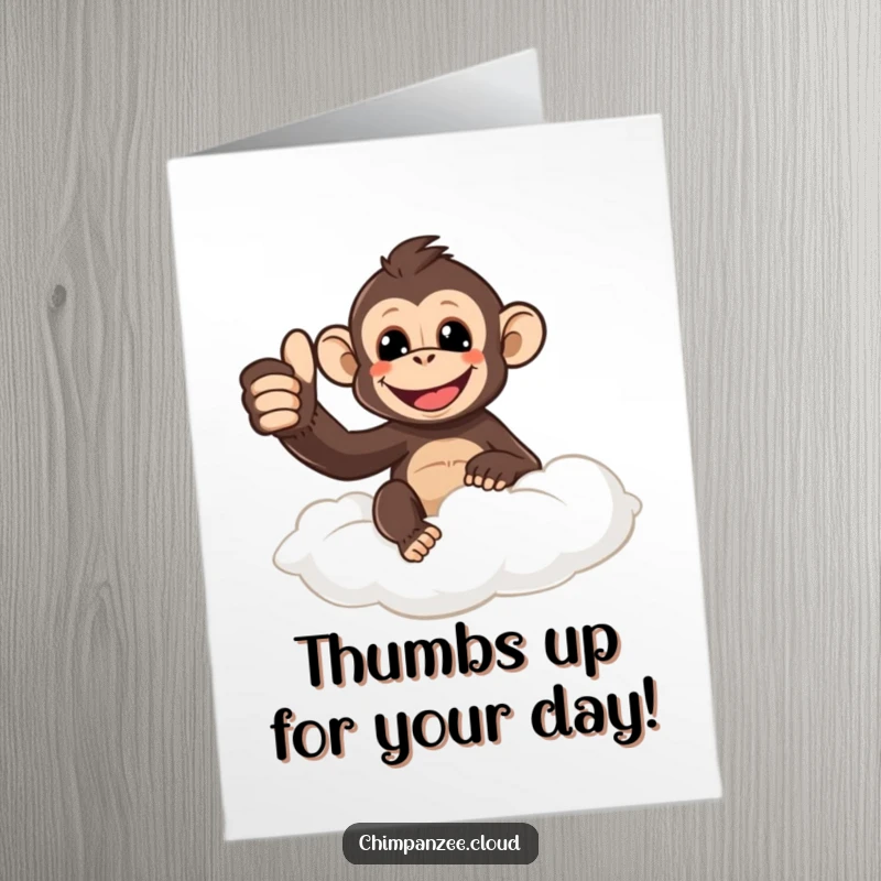 Funny Free Printable Birthday Card: Smiling chimpanzee giving a thumbs up from a fluffy cloud. Happy birthday wish.