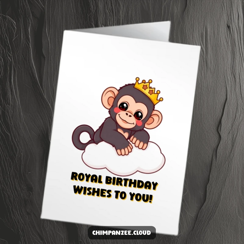 Funny Free Printable Birthday Card: A cute chimpanzee wearing a small crown, relaxing regally on a fluffy cloud.