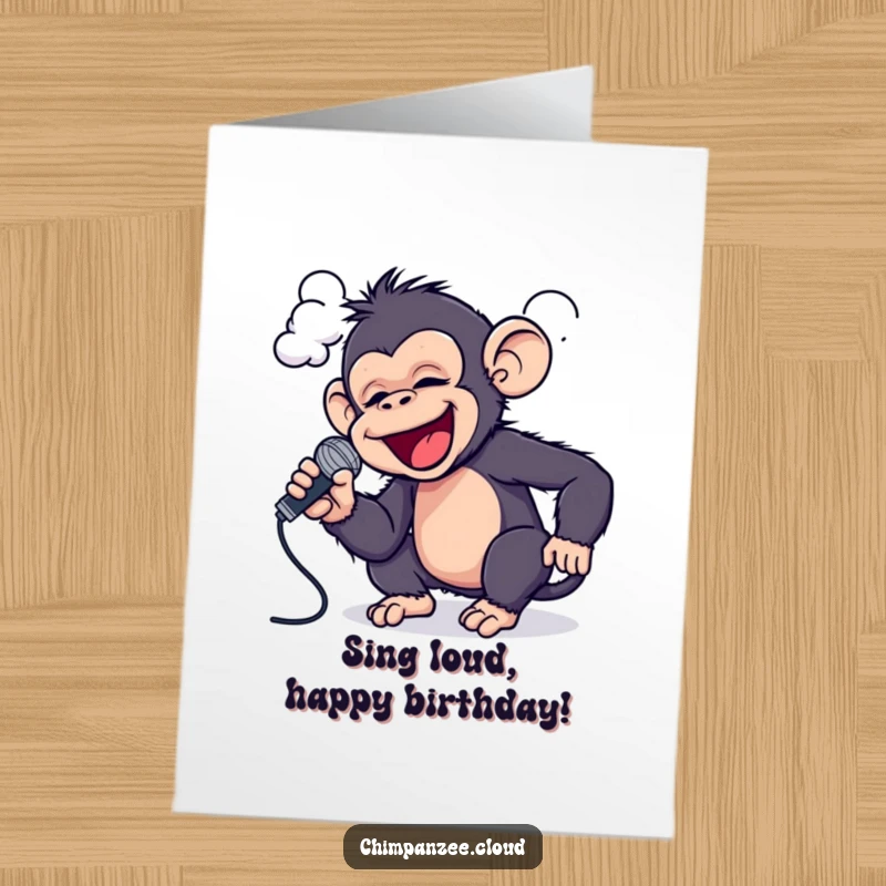 Funny Free Printable birthday card featuring a playful chimpanzee singing into a cloud with a microphone.