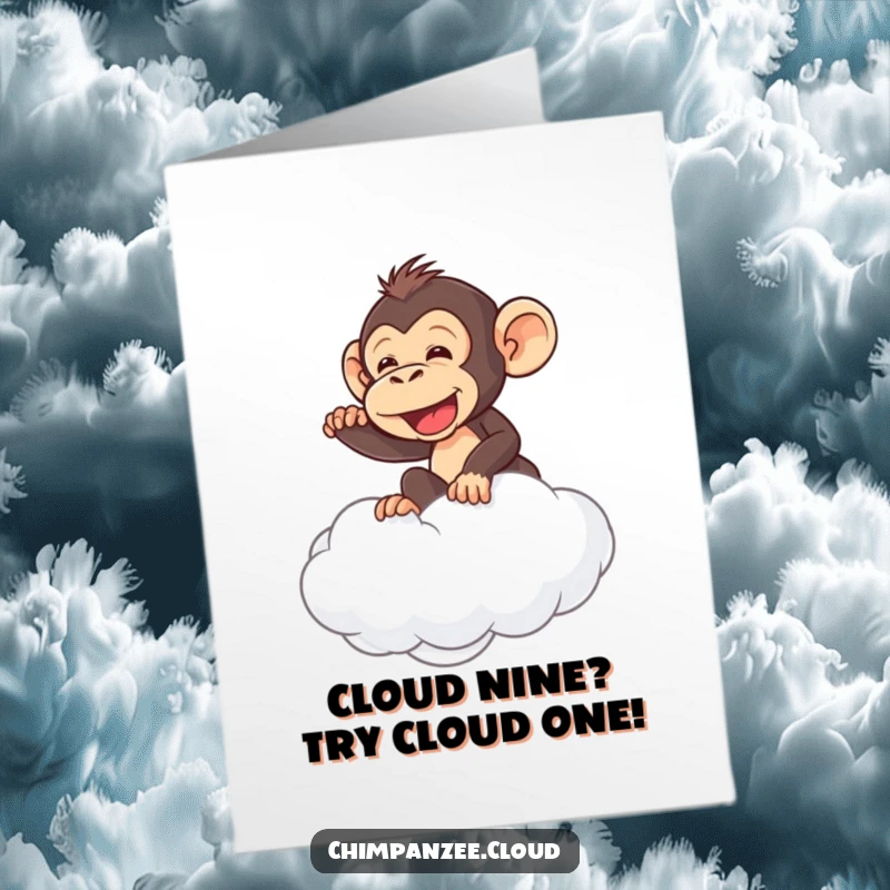 Funny Free Printable Birthday Card: Mischievous chimpanzee hilariously attempts to ride a fluffy cloud, ready to fall.