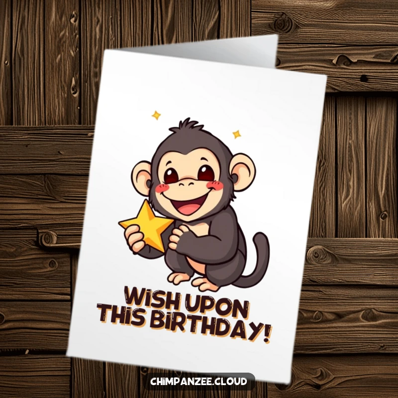 Funny Free Printable Birthday Card: Smiling chimpanzee holding a star with wide eyes, radiating joy.