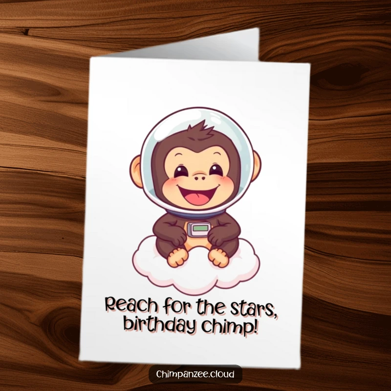 Funny Free Printable Birthday Card: Cheerful chimp in astronaut helmet floating on cloud, ready for a space adventure.