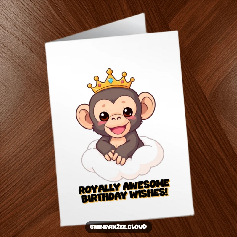 Funny Free Printable Birthday Card: Adorable chimp king on a cloud, wearing a crown, looking majestic. A hilarious DIY gift idea.