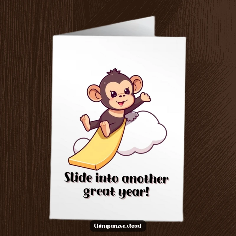 Funny Free Printable Birthday Card: A chimpanzee gleefully slides down a fluffy cloud like a giant, soft slide.