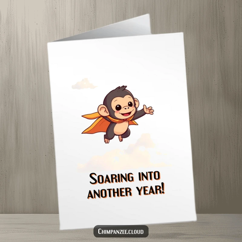 Funny Free Printable Birthday Card: Cute chimpanzee in a tiny cape, soaring heroically through the clouds. Birthday superhero art.