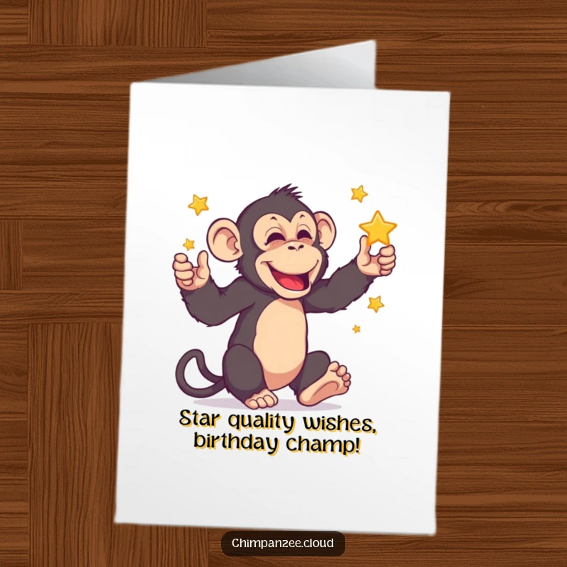 Funny Free Printable Birthday Card: Playful chimpanzee skillfully juggling tiny stars, wishing a happy birthday.