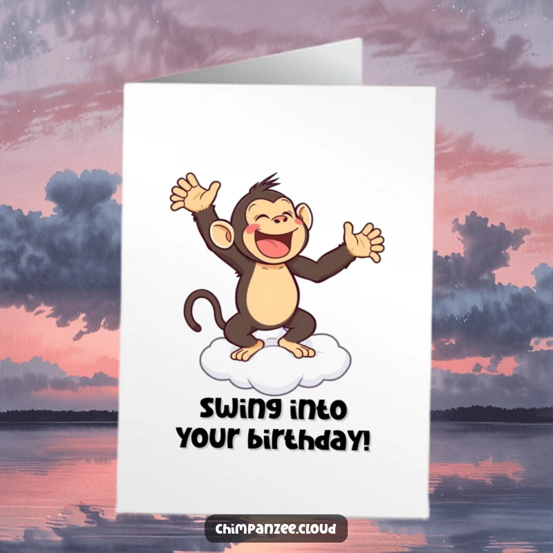Funny Free Printable Birthday Card: Joyful chimpanzee gleefully dances high on a fluffy cloud, celebrating with pure delight.