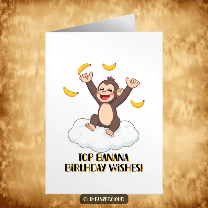 Funny Free Printable Birthday Card: Happy chimpanzee juggling bananas while sitting on a fluffy cloud, a DIY gift.