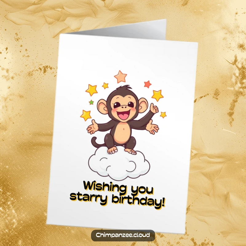 Funny free printable birthday card featuring an adorable chimpanzee juggling colorful stars above a fluffy cloud.