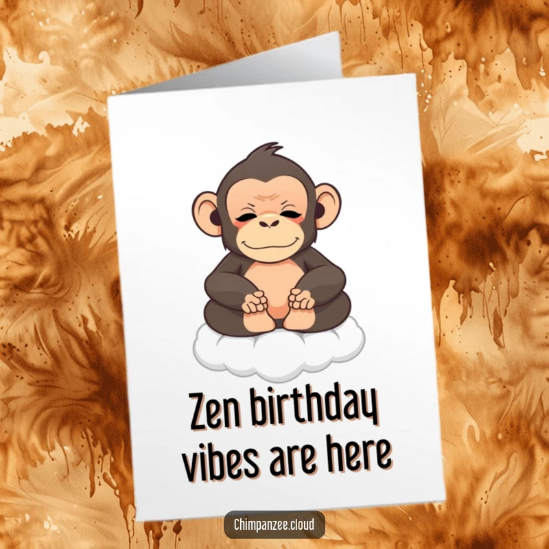 Funny Free Printable Birthday Card: Serene chimpanzee meditates peacefully on a fluffy cloud, radiating calm.