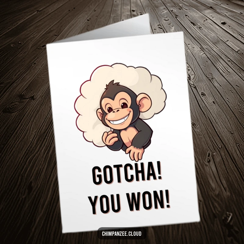 Funny Free Printable Congratulations Card: Mischievous chimpanzee peeking from behind a cloud with a grin, celebrating.