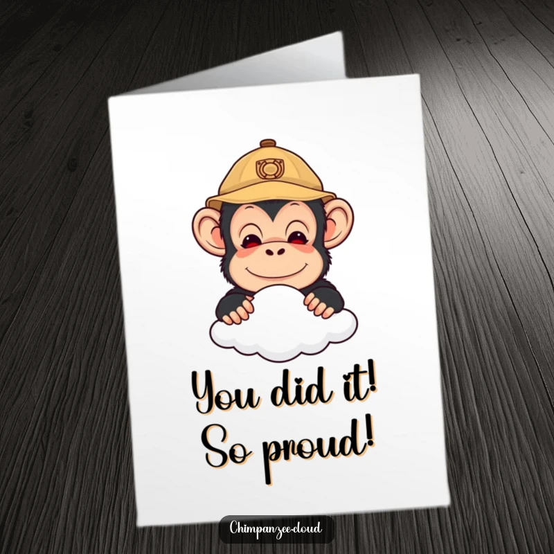 Funny Free Printable Congratulations Card: Adorable chimpanzee in explorer hat peering over cloud, expressing delight.